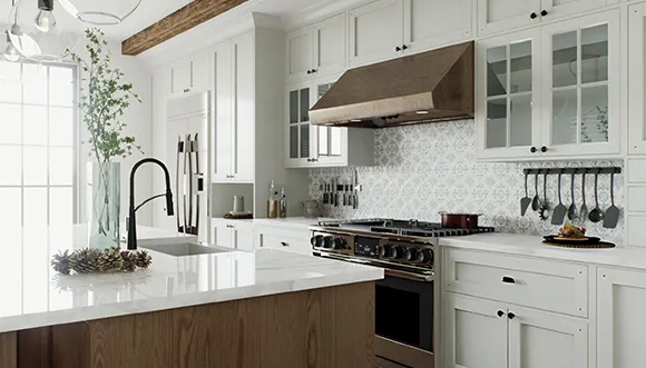 Sleek modern kitchen featuring white cabinets, a stylish backsplash, and stainless-steel appliances.